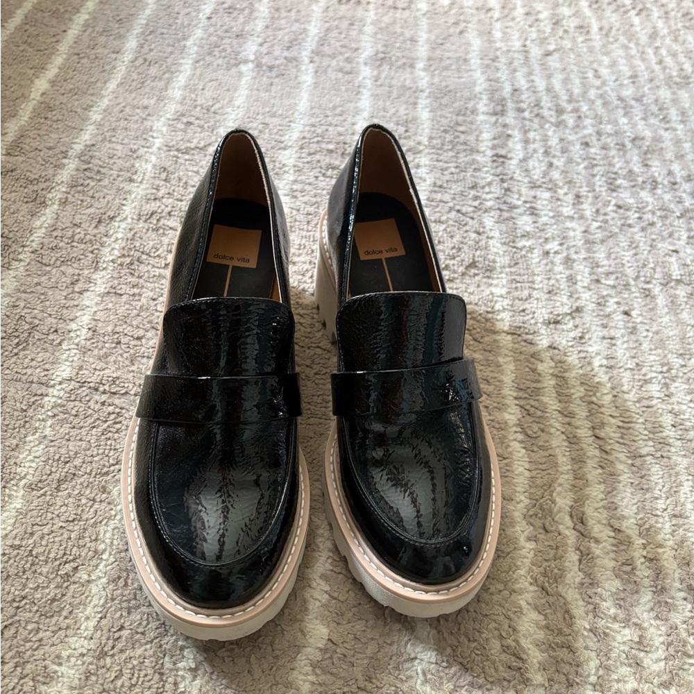 Dolce Vita Black Patent Leather Platform Loafers with Cream Soles